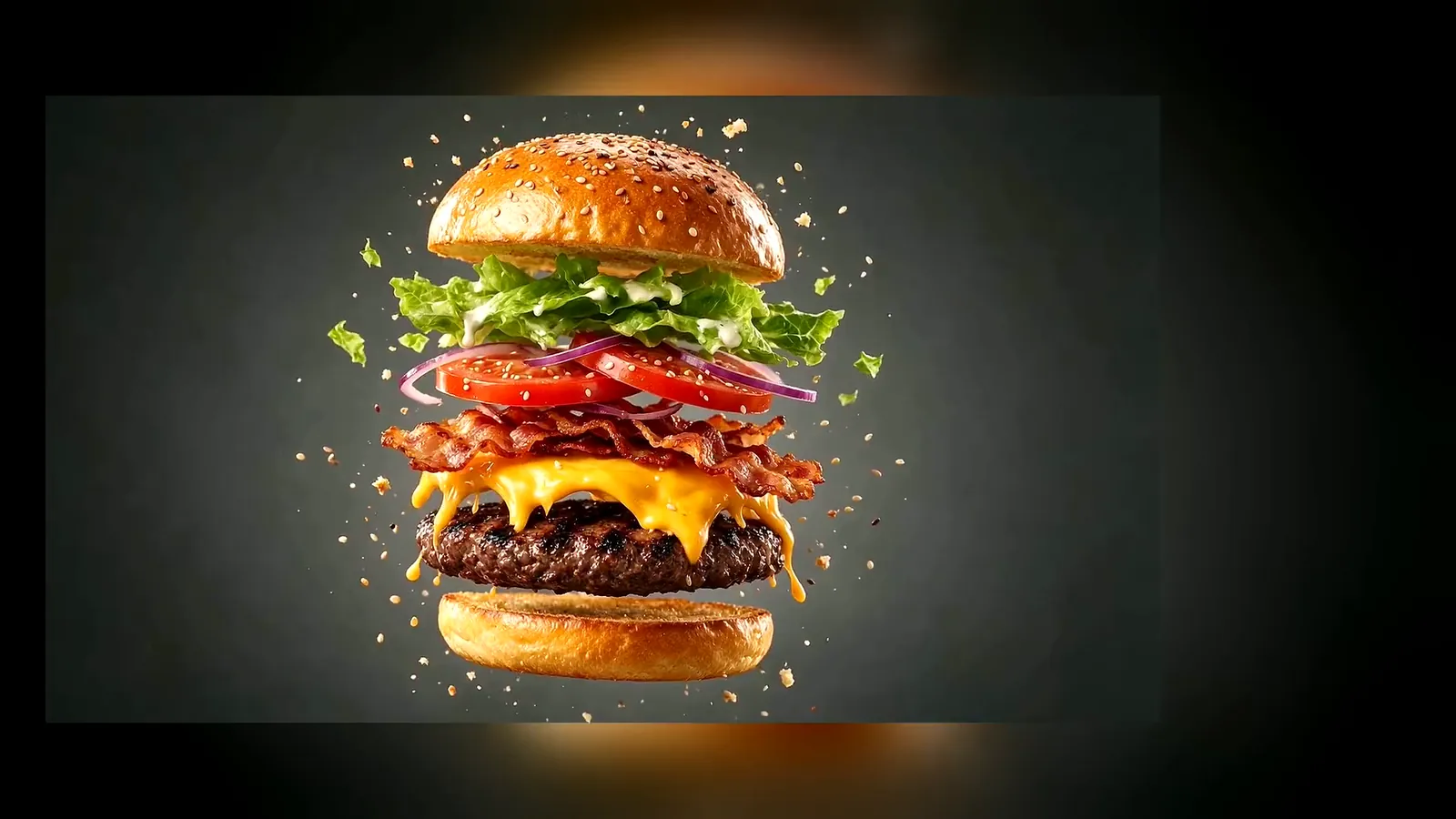 Hamburguesa doble abierta en el aire: pan brioche con sésamo, lechuga con salsa, tomate y cebolla morada, bacon ahumado, cheddar fundido sobre el vacuno y el pan de abajo